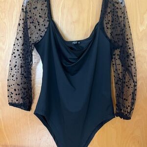 Black Bodysuit with Sheer Polka Dot Sleeves